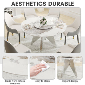 English Elm 53" Round Marble Dining Table With Silver Stainless Steel Base And Lazy Susan For 6 People, White W1535S00462