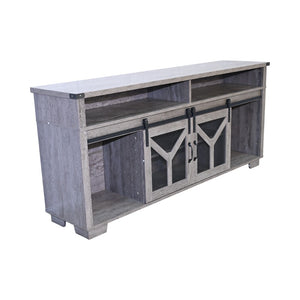English Elm 65.3" TV Stand with LED Ambience, Sliding Iron Mesh Barn Doors, Y-Accent Rustic Farmhouse Storage Antique Gray W1412P271801