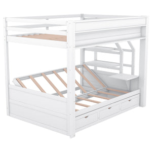 English Elm Wood Full Size Convertible Bunk Bed with Staircase Storage, Bedside Table and 3 Large Drawers, Durable Pine Finish White GX000335AAK-1