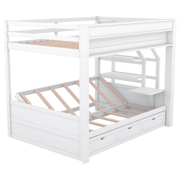 English Elm Wood Full Size Convertible Bunk Bed with Staircase Storage, Bedside Table and 3 Large Drawers, Durable Pine Finish White GX000335AAK-1