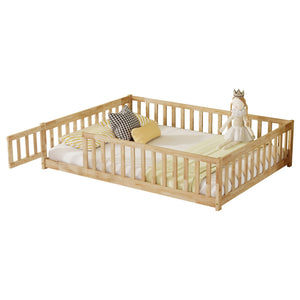 English Elm Full Size Rubberwood Floor Bed with Safety Guardrails and Latching Door for Toddlers Natural W504P429299