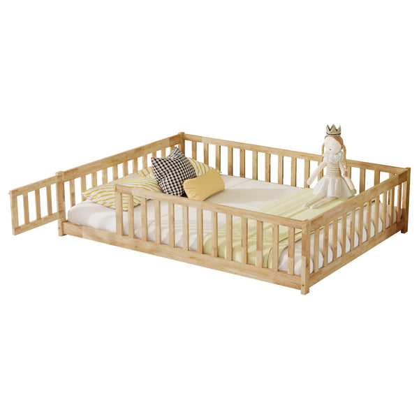 English Elm Full Size Rubberwood Floor Bed with Safety Guardrails and Latching Door for Toddlers Natural W504P429299