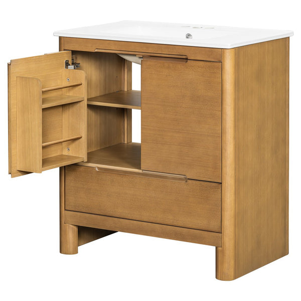 English Elm [video] 30 Inch Freestanding Bathroom Vanity Pine Legs Ceramic Sink Soft Close Storage Natural N759P412928N