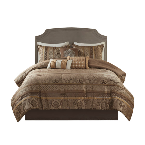 English Elm 7 Piece Jacquard Comforter Set In Rich Brown And Gold – Plush Textures, Decorative Pillows, Queen Size B03597000