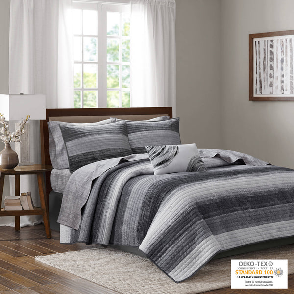 English Elm 8-piece Full Quilt Set Cotton Blend Watercolor Stripe Bedding with Antimicrobial Sheets Black Multi B035P408260