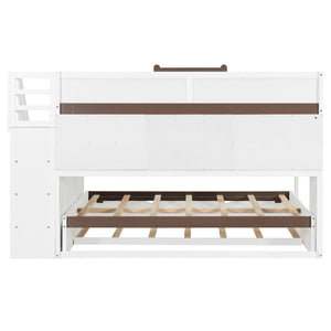 English Elm House-shaped Pine Bunk Bed with Built-in Slide Storage Staircase Twin Over Full Kids Frame White N820S00067K