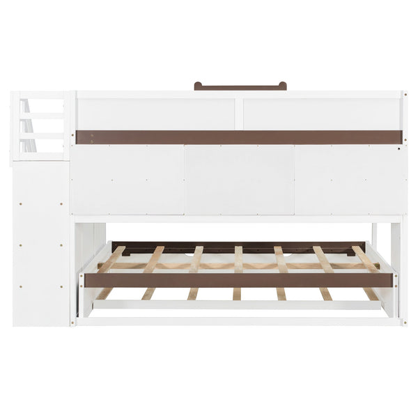 English Elm House-shaped Pine Bunk Bed with Built-in Slide Storage Staircase Twin Over Full Kids Frame White N820S00067K