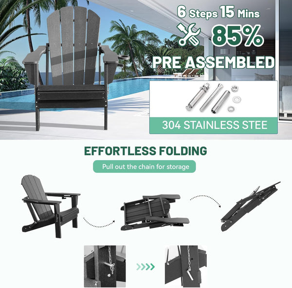 English Elm Adirondack Hdpe Folding Chair Set Outdoor Patio Fire Pit Seating with Cup Holder Gray W1859P453283