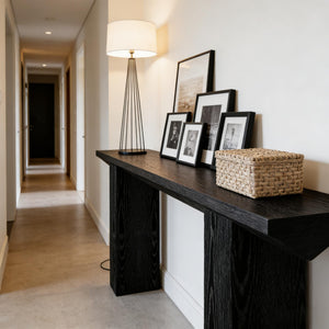 English Elm Practical Geometric Console Table with Matte Black Wood Grain Finish for Entryway or Sofa T3971P452021