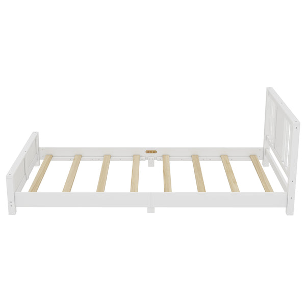English Elm Twin Low Profile Floor Bed with Guardrails Pine Wood Frame Minimalist Bedroom White W1580P438797