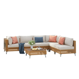English Elm K&k 7 Piece Outdoor Modular Sectional Wicker Sofa Set with Tempered Glass Coffee Table Beige,Orange N707S000011Z