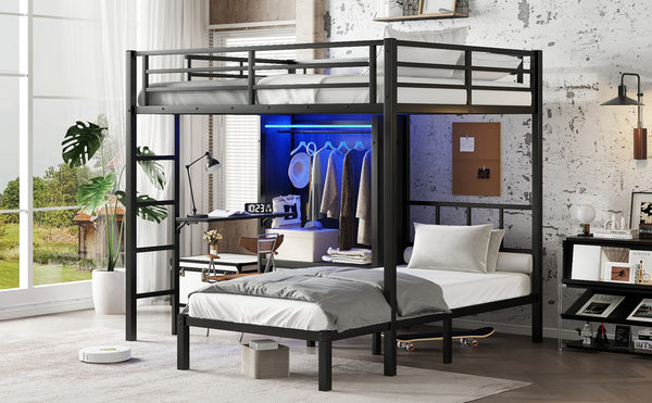 English Elm Full Xl Over Twin Metal Bunk Bed With Foldable Desk, Led Closet & Noise Reduction - Space Saver! W1580S00113