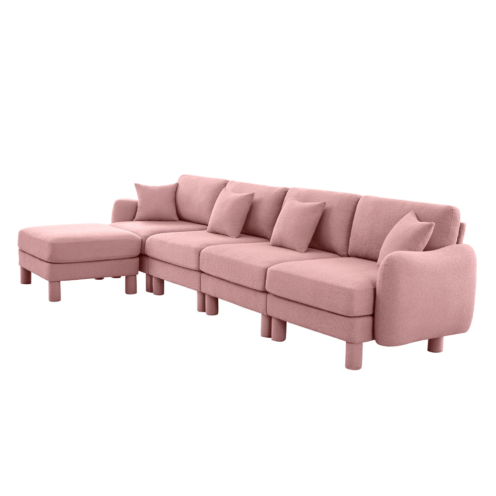 English Elm Boucle Fabric Convertible L-Shape Sectional Sofa With Shell Armrests & Removable Ottoman In Pink W3041S00296