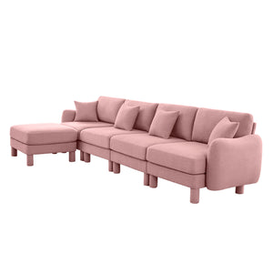 English Elm Boucle Fabric Convertible L-Shape Sectional Sofa With Shell Armrests & Removable Ottoman In Pink W3041S00296