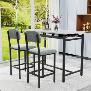 English Elm Modern Bar Table Set for 2 with Marble-Style MDF Top, Sturdy Steel Frame, Cushioned PU Chairs, Grey/Black Finish W578P150070