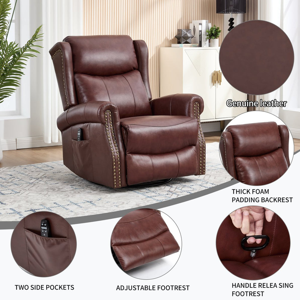 English Elm Heat Massage Rocker Swivel Recliner Genuine Leather Chair with Lumbar Vibration Nodes W3224S00014
