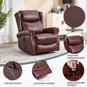 English Elm Heat Massage Rocker Swivel Recliner Genuine Leather Chair with Lumbar Vibration Nodes W3224S00014