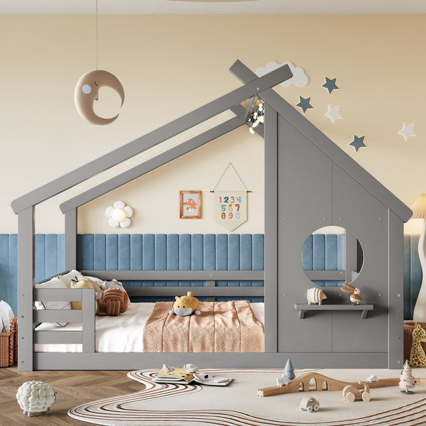English Elm Twin House Bed Low Profile Pine Wood Frame with Shelf Montessori Kids Floor Sleeping Gray W5305P429646