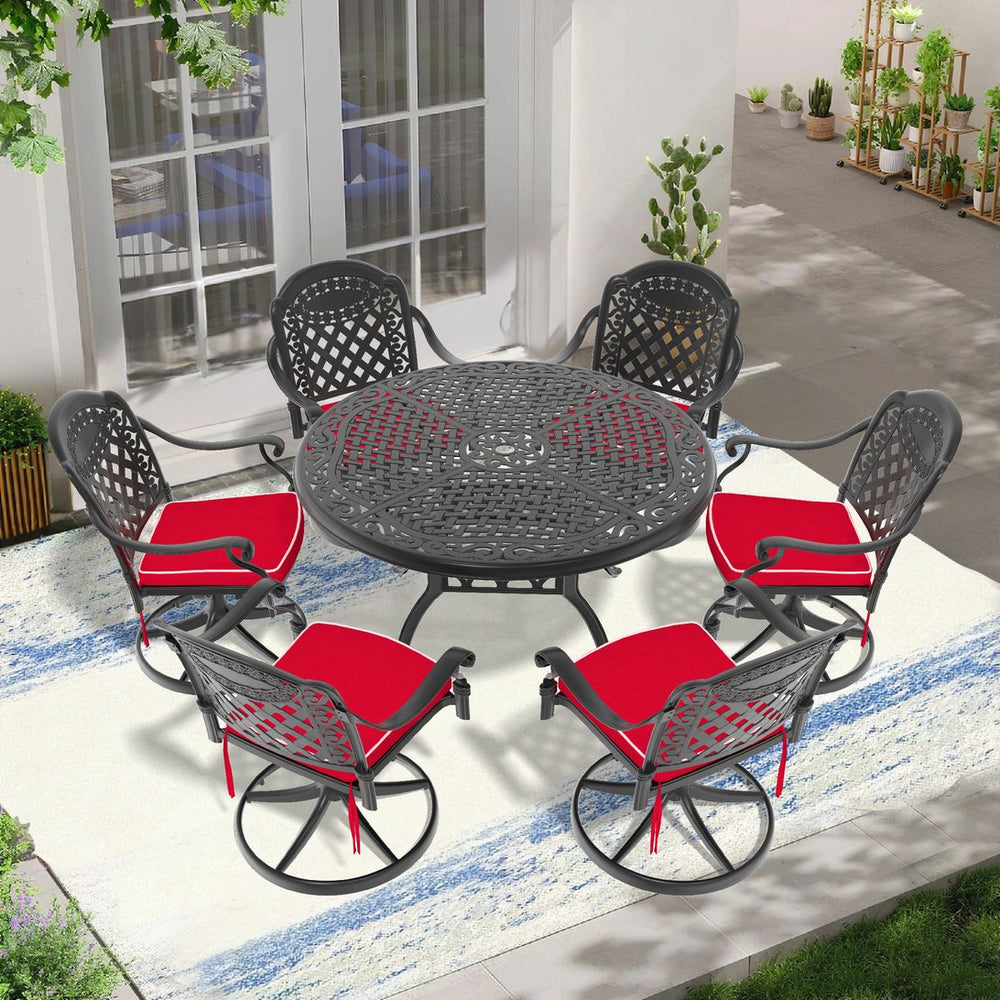 English Elm 7-Piece All-Weather Cast Aluminum Dining Set With 6 Cushioned Swivel Chairs & Round Table Design W1710S00314