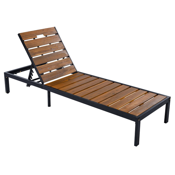 English Elm Outdoor Acacia Wood Slat Chaise Lounge with Powder Coated Frame for Patio Resort Black+Natural N719P383161B