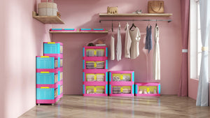 English Elm Happy 20" Side Wide Folding Storage Cabinet with 5 Tiers, Wheels, Magnetic Door, Durable PP Design Pink+Blue W2873P279886
