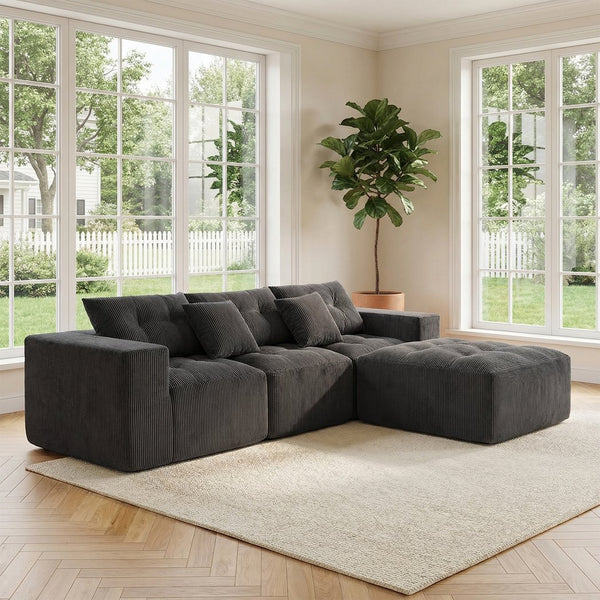 English Elm 101" Modular Cloud Sectional Corduroy Upholstered Sofa Reversible Chaise Living Room Gray W1170S00056