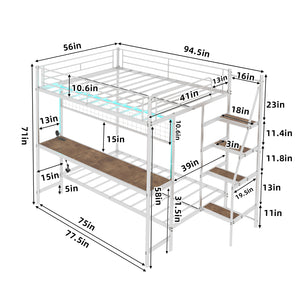 English Elm Full Over Twin Metal Bunk Bed with Desk Led Strip Shelves for Teen Dorm Rooms Ancient White W1935S00010