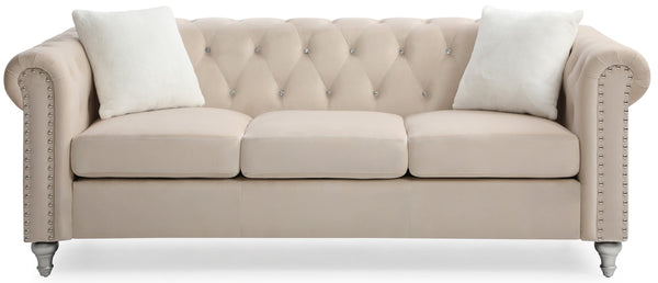 English Elm Raisa Velvet Tufted Sofa with Jeweled Buttons, Nailhead Accents, Pocketed Coil Cushions & Pillows Beige 15 L x 26 W x 34 H B078S00108