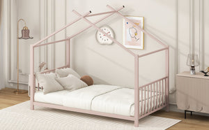 English Elm Twin Metal House Platform Bed with Slat Kit for Kids Sleepovers Sturdy Frame Elegant Silhouette 63.8"H Pink MF322835AAH