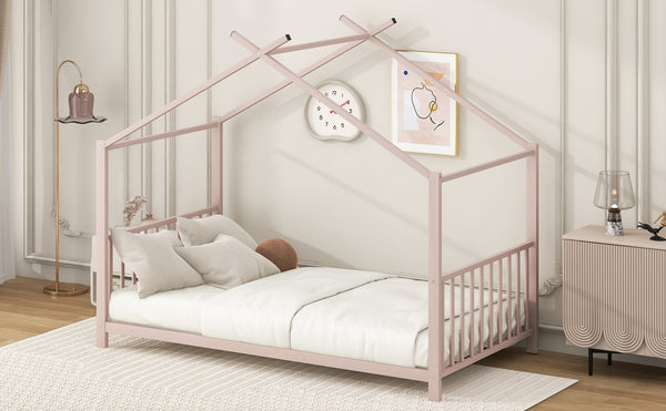English Elm Twin Metal House Platform Bed with Slat Kit for Kids Sleepovers Sturdy Frame Elegant Silhouette 63.8"H Pink MF322835AAH