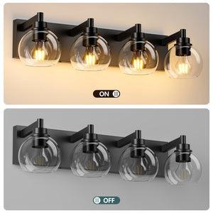 English Elm Industrial 4-Light Bathroom Vanity Light Matte Black with Clear Glass Globes, Modern Powder-Coated Fixture for Mirror Lighting (Bulbs Not Included) W1340P353040