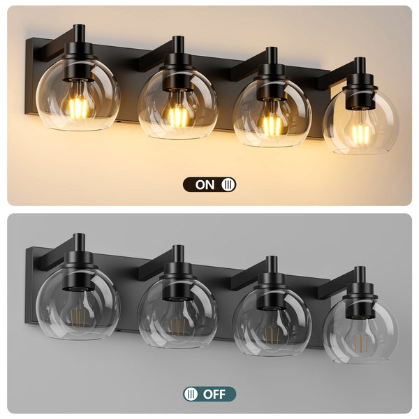 English Elm Industrial 4-Light Bathroom Vanity Light Matte Black with Clear Glass Globes, Modern Powder-Coated Fixture for Mirror Lighting (Bulbs Not Included) W1340P353040