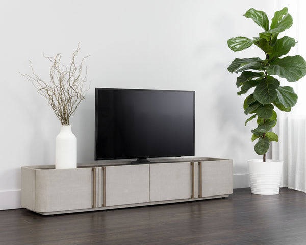 Sunpan Jamille Contemporary Media Console & Cabinet with Cream Faux Leather & Warm Brass Steel Base
