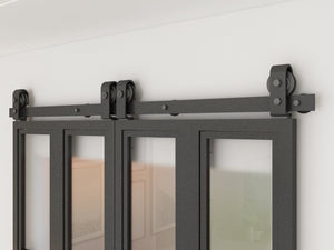 English Elm 30 in Matte Black Steel Sliding Barn Door Frosted Glass Privacy Panel with Hardware B2763P483213