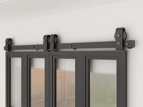 English Elm 30 in Matte Black Steel Sliding Barn Door Frosted Glass Privacy Panel with Hardware B2763P483213