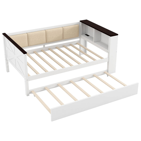 English Elm Twin Pine Wood Daybed with Trundle Upholstered Backrest Storage Shelf and Usb Port N7090002232K