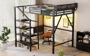 English Elm Full Size Metal Loft Bed with Foldable Desk Staircase Storage and Led Lighting W2580S00072