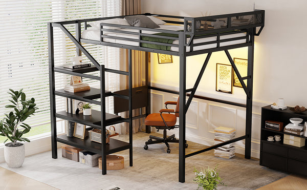 English Elm Full Size Metal Loft Bed with Foldable Desk Staircase Storage and Led Lighting W2580S00072