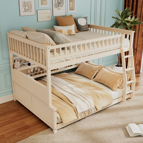 English Elm Full Xl Over Queen Bunk Bed Pinewood Frame with Led Lights Shelving Pegboard Beige LT000279AAA