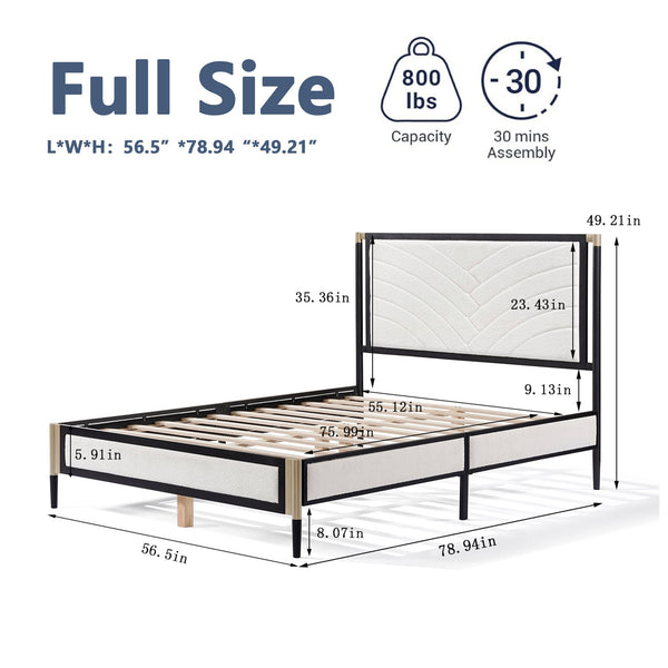 English Elm Christopher Knight Home® - Full size Platform Bed with White Bouclé Headboard, Champagne Silver & Black Frame, Sturdy Slats Support N758D802021B