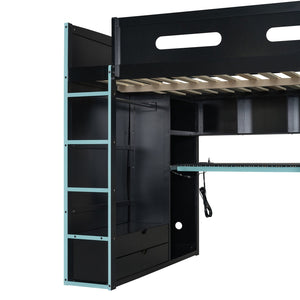 English Elm Full Size Gaming Loft Bed with Rgb Lighting Desk Wardrobe and Built-in Storage Blue LT100261AAC