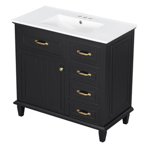 English Elm 36 Inch Bathroom Vanity With Ceramic Sink Top, Solid Wood Frame & Smart Storage Solutions For Style N725P336554B