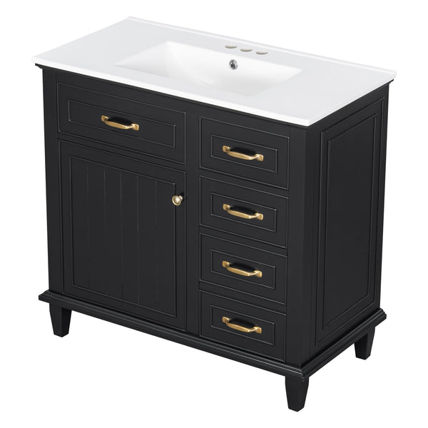 English Elm 36 Inch Bathroom Vanity With Ceramic Sink Top, Solid Wood Frame & Smart Storage Solutions For Style N725P336554B