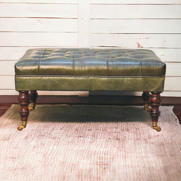 English Elm Buffalo Leather Rectangular Ottoman with Castor Legs for Eclectic Living Rooms B182P166655