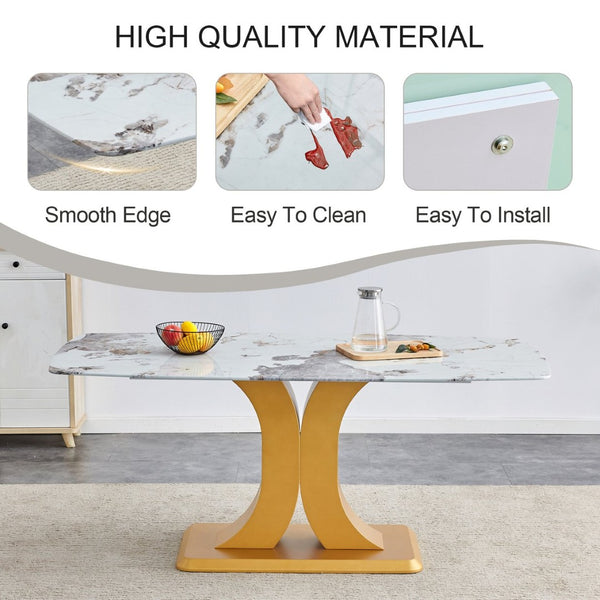 English Elm Table Set: Luxurious 71" Pandora Glass Dining Table With Golden Legs & 8 Stylish Black Pu Chairs W1151S03226-GIGA