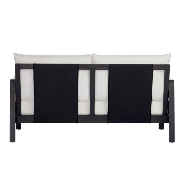 English Elm 2 Piece Outdoor Acacia Wood Loveseat and Coffee Table Set with Textilene Weave Cushions Dark Grey,White+Black N768P368824D