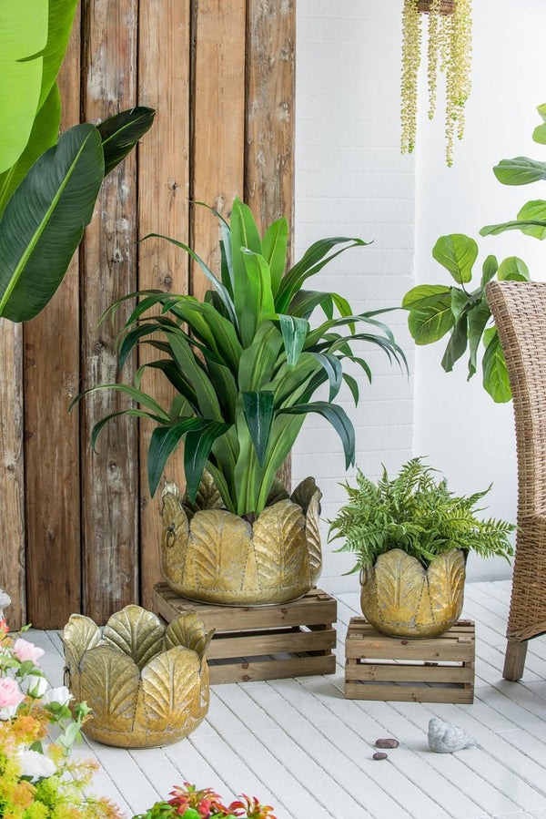 English Elm Set of 3 Zinc Metal Planters with Distressed Golden Finish for Indoor Outdoor Display W2078P499530