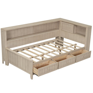 English Elm Twin Wood Daybed with 3 Drawers & Open Shelves, Antique White Milk Finish — Storage, Classic Charm, Twin Size Craftsmanship GX002213AAK