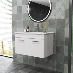 English Elm 32-Inch Wall-Mounted Bathroom Vanity With Ceramic Sink, Soft-Close Doors & Modern Glossy Finish W3151S00026