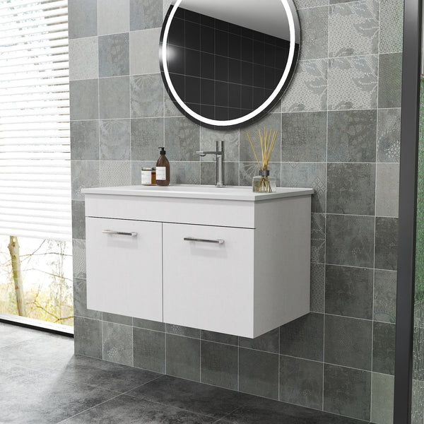 English Elm 32-Inch Wall-Mounted Bathroom Vanity With Ceramic Sink, Soft-Close Doors & Modern Glossy Finish W3151S00026